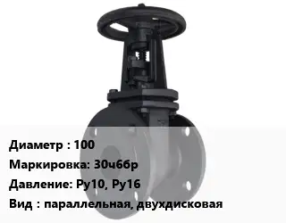 Задвижка чугунная канализационная 100 30ч6бр Ру10, Ру16 параллельная, двухдисковая